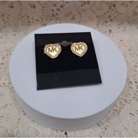Michael Kors Gold Tone "MK" Crystal Pave Heart Shape Stud Earrings - Picture 1 of 8